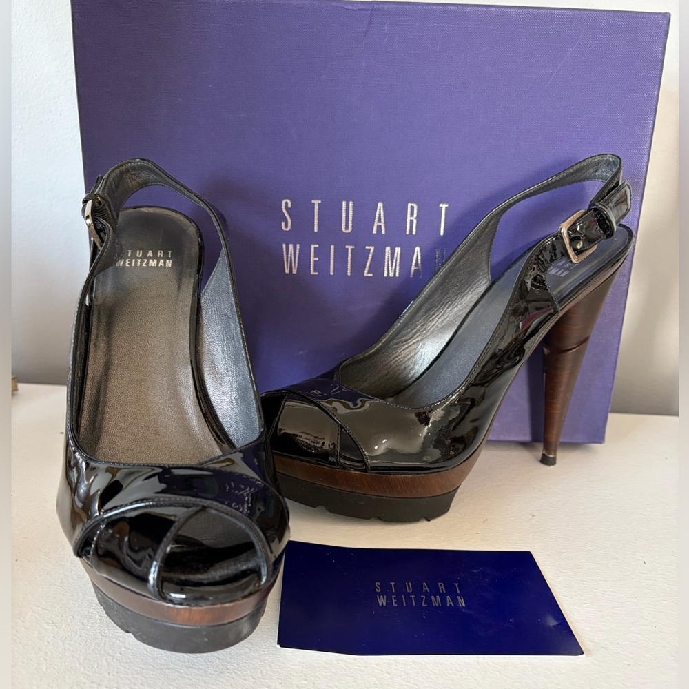 STUART WEITZMAN Black Patent Leather Slingback Peep-Toe Platform Heels